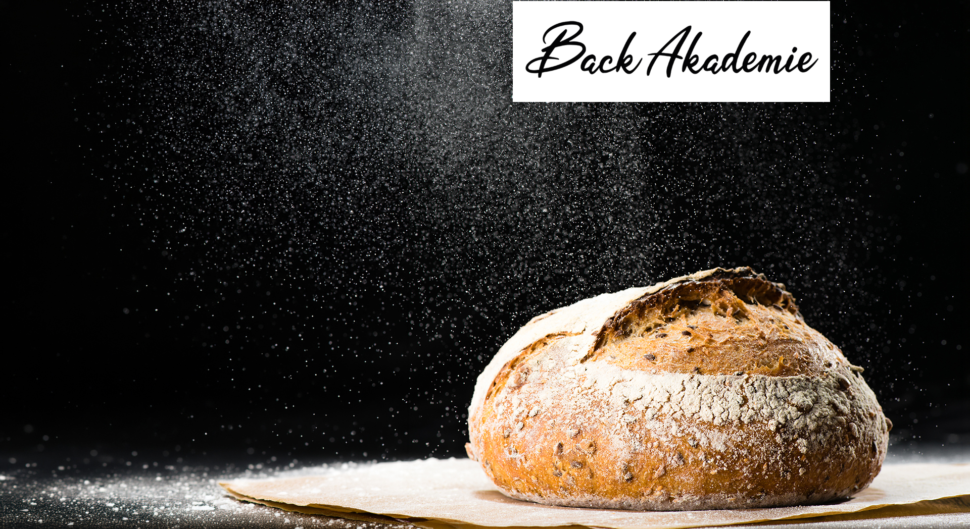 Ein Laib Brot im Scheinwerferlicht vor schwarzem Hintergrund, oben das Logo der BackAkademie von Der Beck