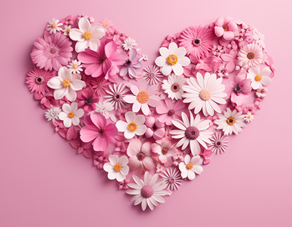 Ein Herz aus rosa und weißen Blüten auf rosa Untergrund