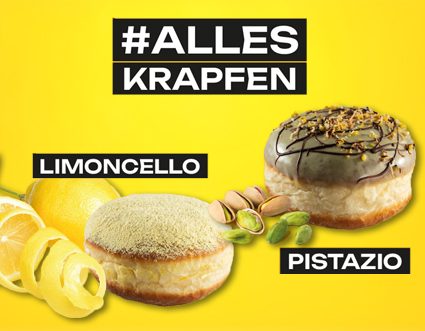 Pistazio-Krapfen mit Pistazien im Vordergrund und Limoncello-Krapfen mit Zitronenschale und Zitrone auf gelbem Hintergrund, Überschrift: #Alles Krapfen
