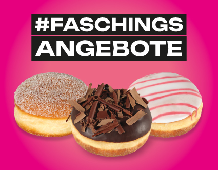 Drei Krapfen vor pinkem Hintergrund mit Text #Faschingsangebote